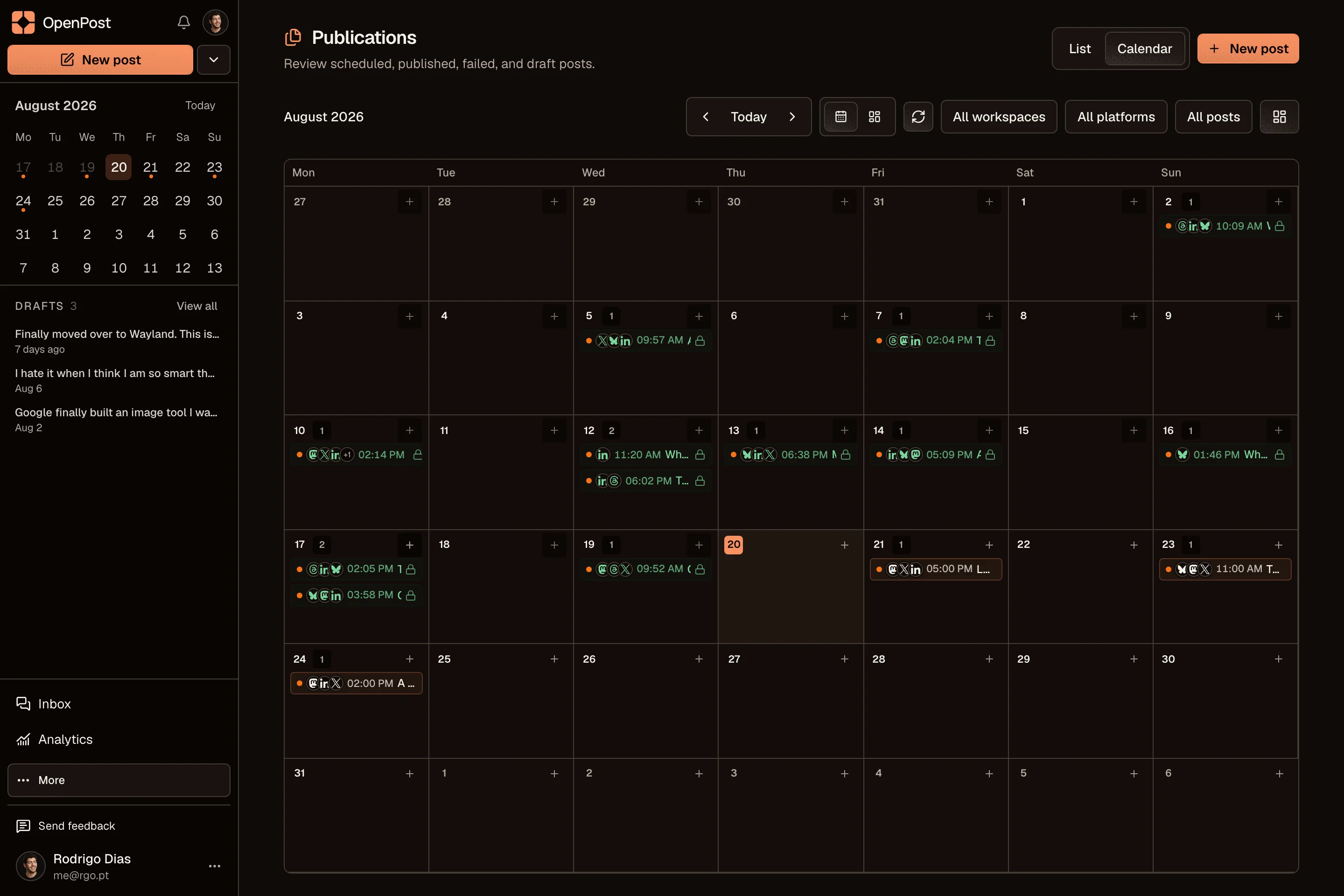 OpenPost calendar for preparing Telegram content