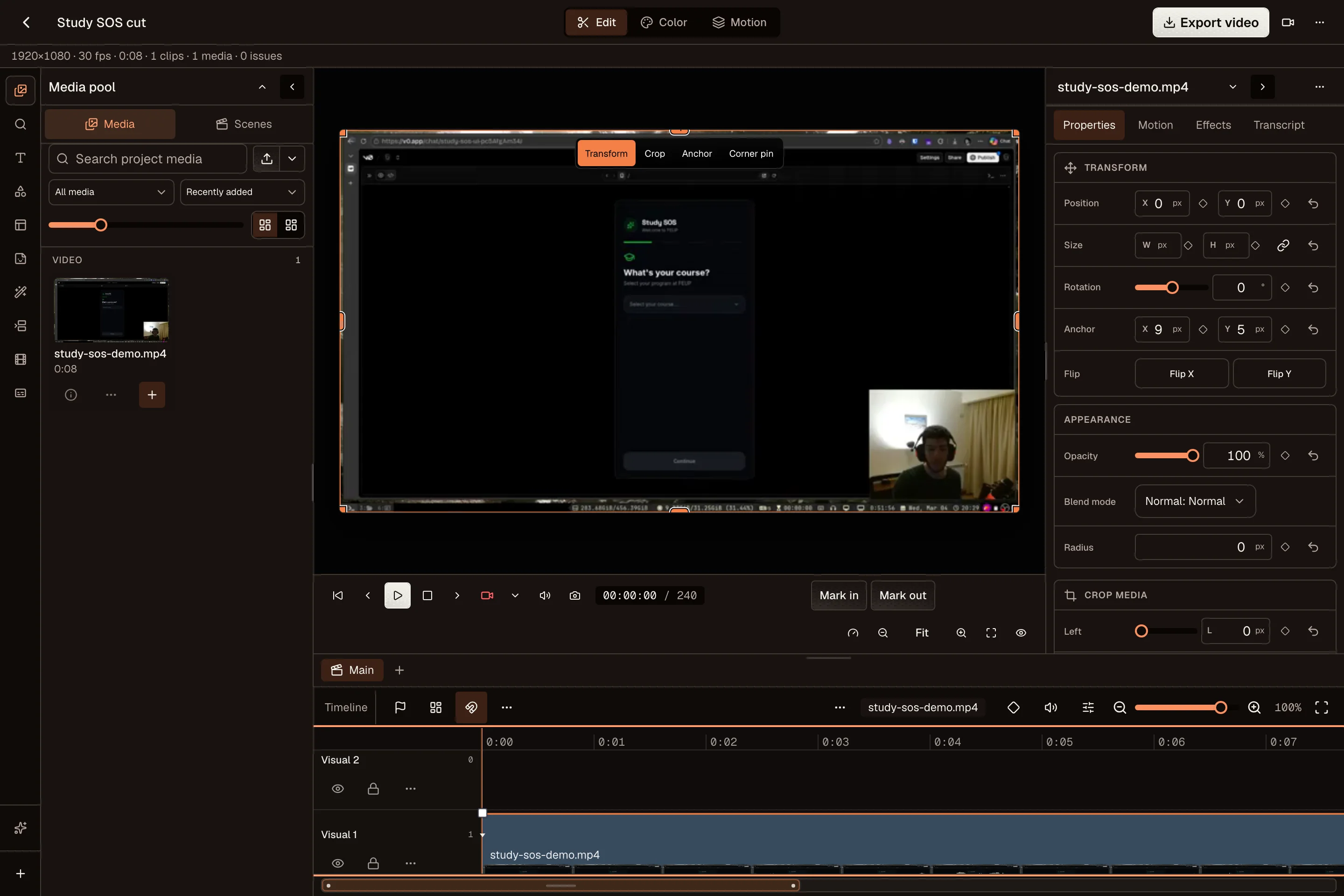 OpenPost Video Editor cutting a Study SOS screen recording