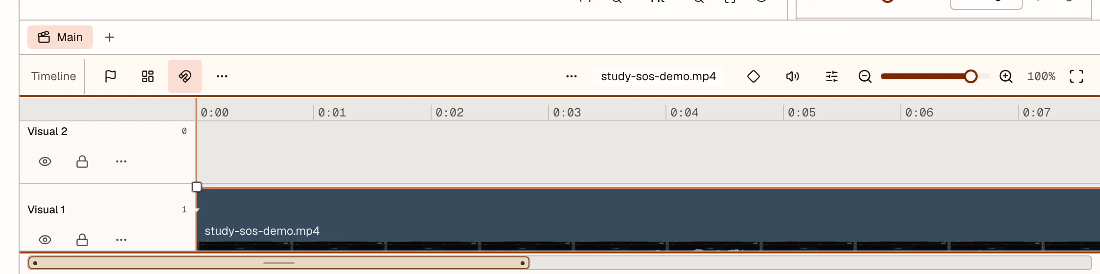 The video timeline with its tracks, clip, and playhead